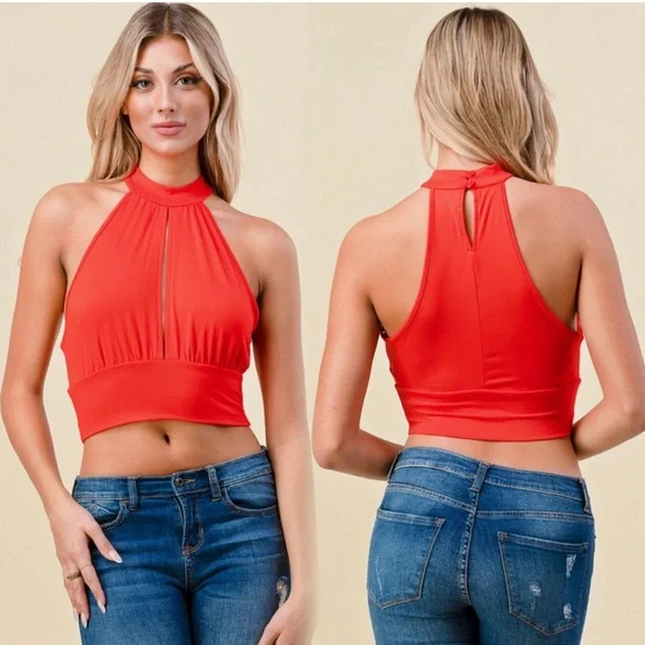 Tops Keyhole Halter Crop Top In Red Poshmark